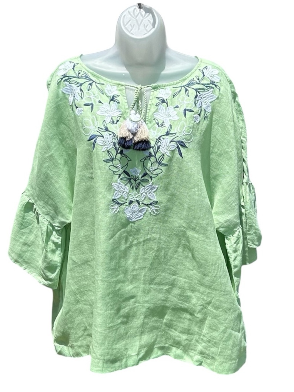 CHARTER CLUB Women XL Linen Green Floral Embroidered Ruffle Peasant Blouse Top.‎